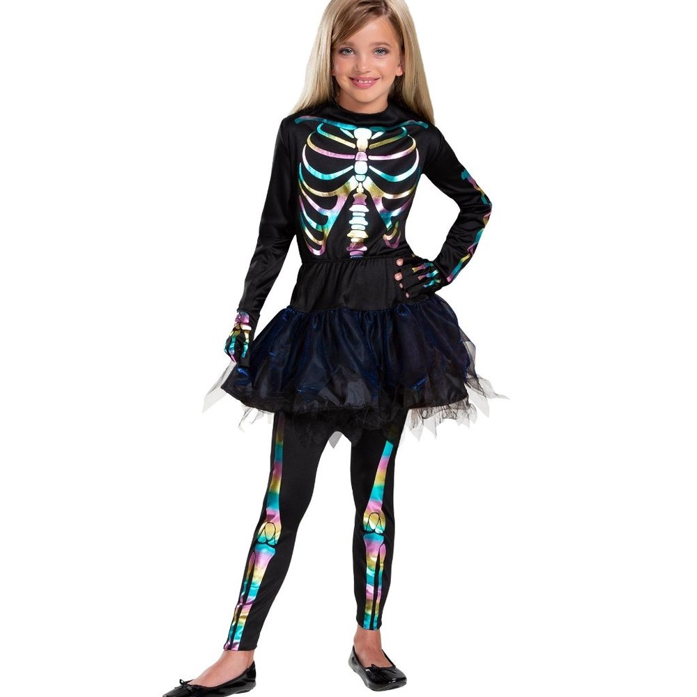 Girls FLASHY BONES Rainbow Skeleton Costume Size Small Med Leggings Gloves NEW
